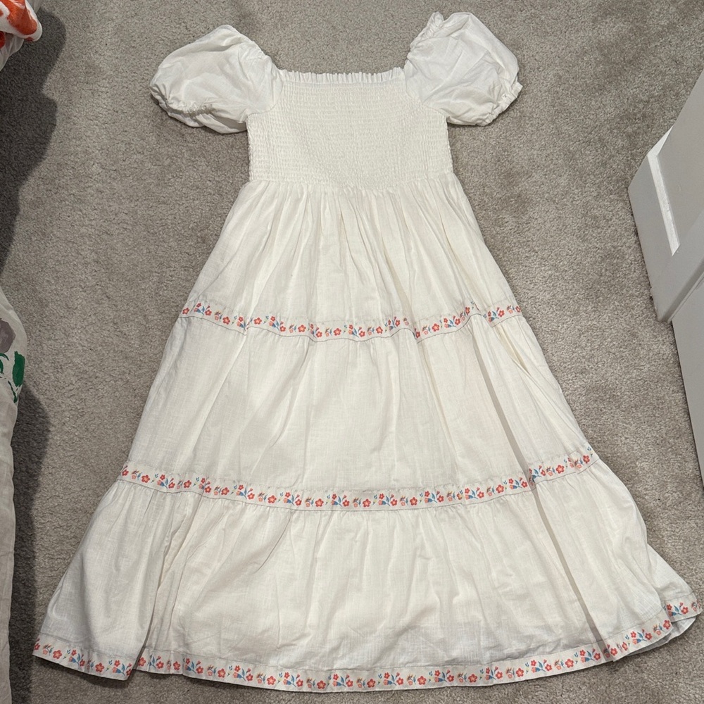 Rachel Zoe cotton smocked floral trim puff sleeve midi dress